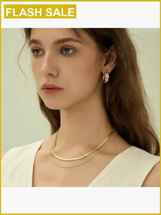Gold Layered Necklace Women - Double Chain Necklace Set  Double Layer Herringbone Snake Chain Necklace 18K Gold Plated Layered Dainty